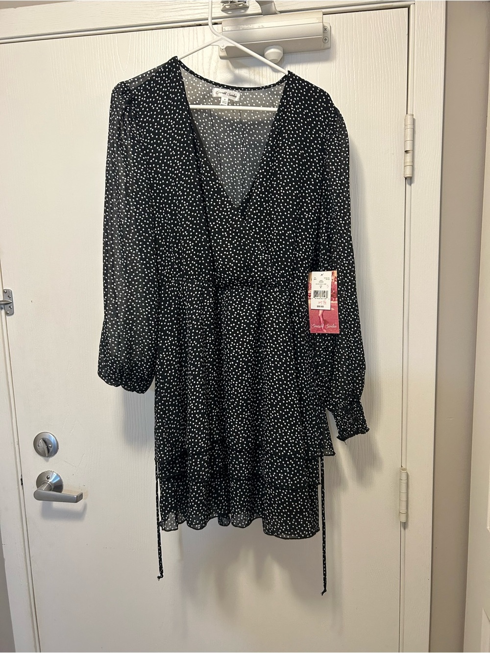 Square Polka Dot V-Neck Long Sleeve Dress with Tie